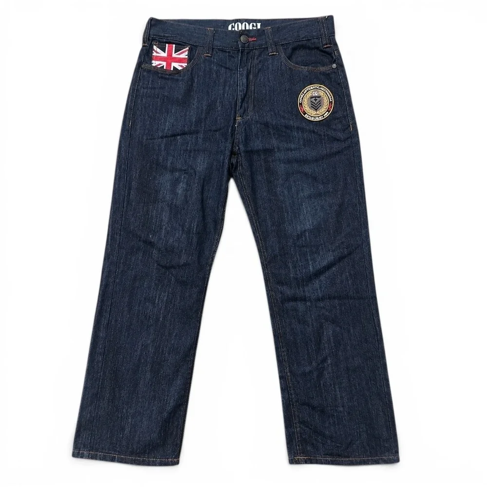 COOGI Jean 34x32 Dark Wash Straight Leg Eagle Embroidered Union Jack Baggy Retro